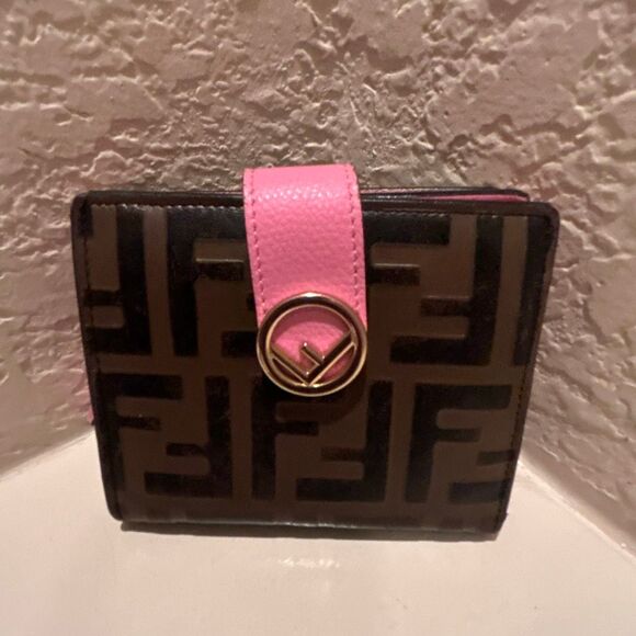 Fendi Zucca FF Logo Small Wallet Brown Pink Leather Preppy Y2K Iconic Style - Picture 1 of 16
